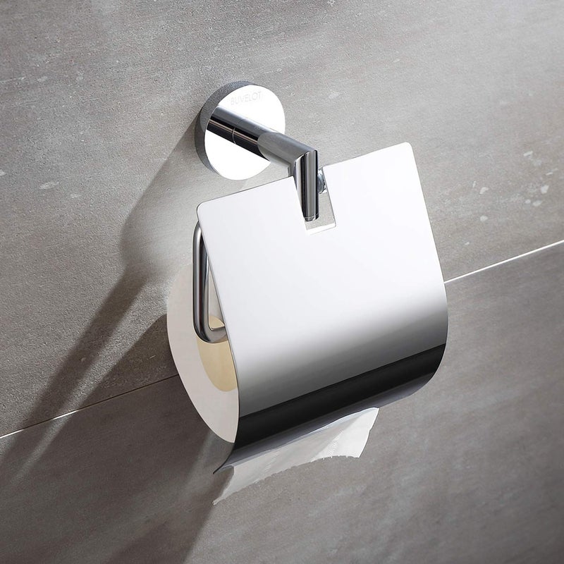 BUVELOT Toilet Paper Holder with Cover, Contemporary Toilet Roll Holder for Bathroom Wall Mounted,Chrome,Brass,077040-CR Leo Series - Image 4